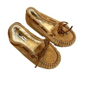 Minnetonka Slippers Youth SZ 2 Tan Suede Leather Moccasin Shoes Brown Kids